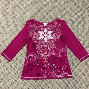 Christopher Banks Hot Pink Fuschia Silver Snowflake Embellished 3/4 Sleeve Top